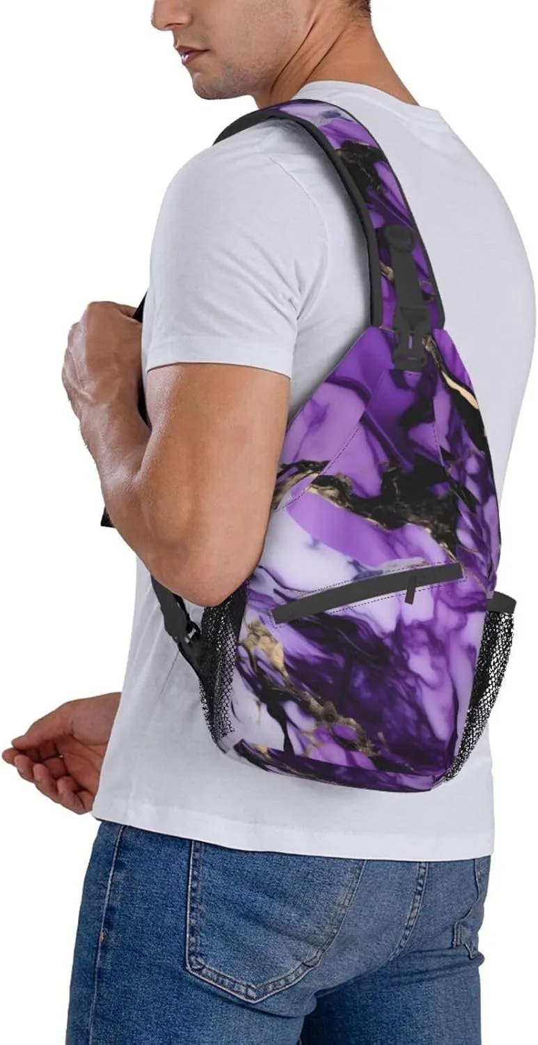 purple marble Print Sling Backpack, Sling Bag, Crossbody Chest Bag Daypack, for Hiking Travel
