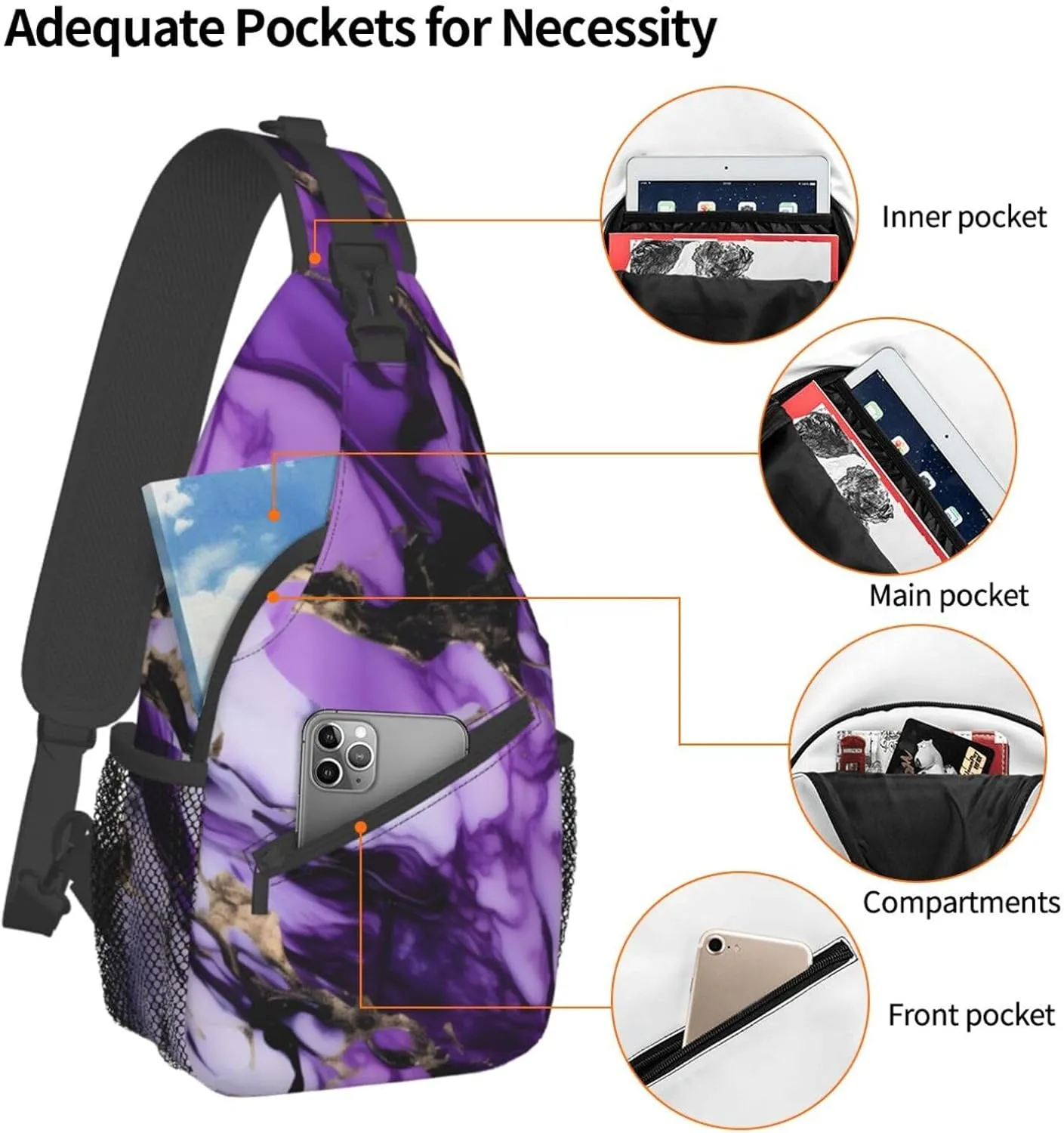 purple marble Print Sling Backpack, Sling Bag, Crossbody Chest Bag Daypack, for Hiking Travel