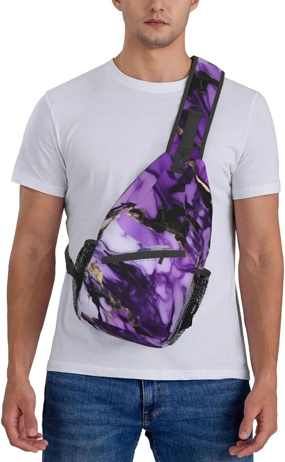 purple marble Print Sling Backpack, Sling Bag, Crossbody Chest Bag Daypack, for Hiking Travel