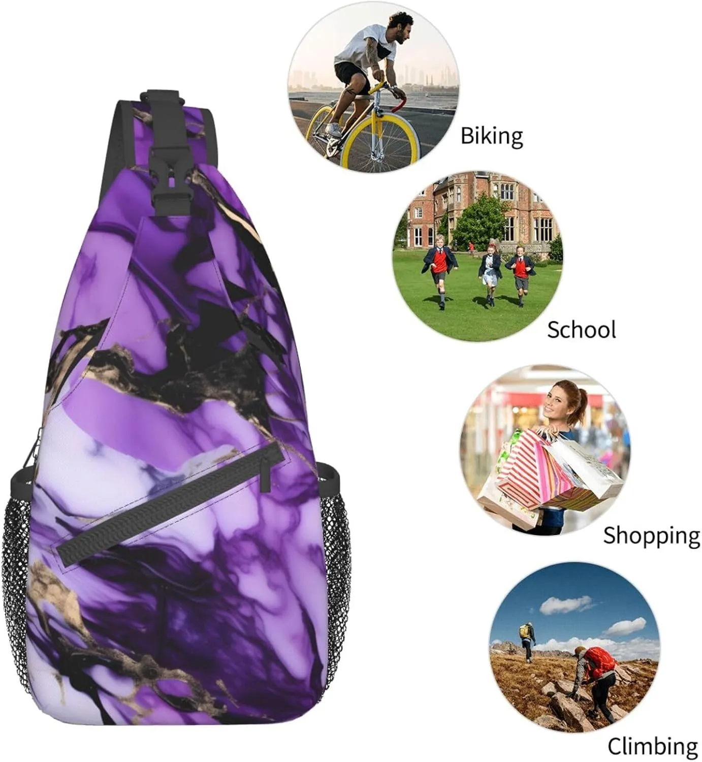 purple marble Print Sling Backpack, Sling Bag, Crossbody Chest Bag Daypack, for Hiking Travel