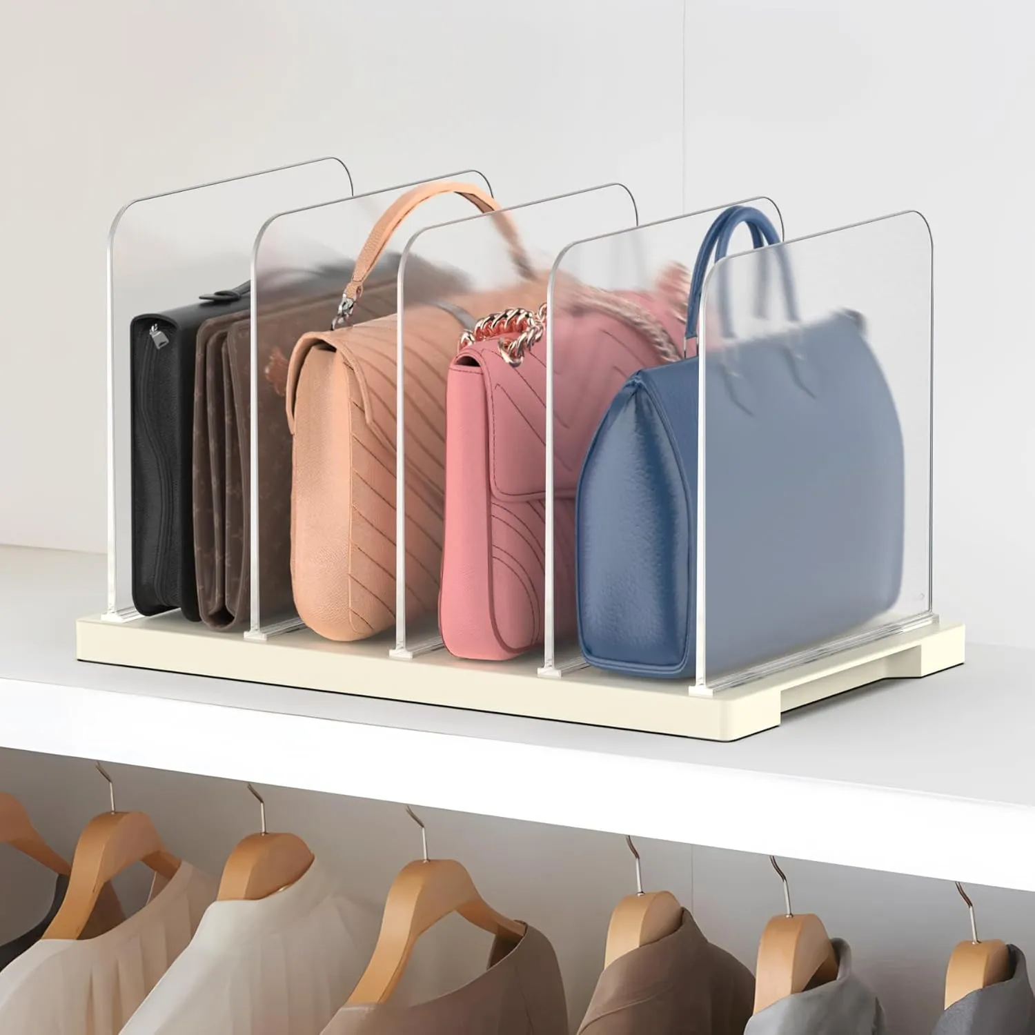 Purse Organizer for Closet, 4 Slot Clear Frosted Plastic Shelf Dividers for Purses, Clutches, Wallets,Handbag Separators Storage Organizer, Bookshelf Separator Dividers