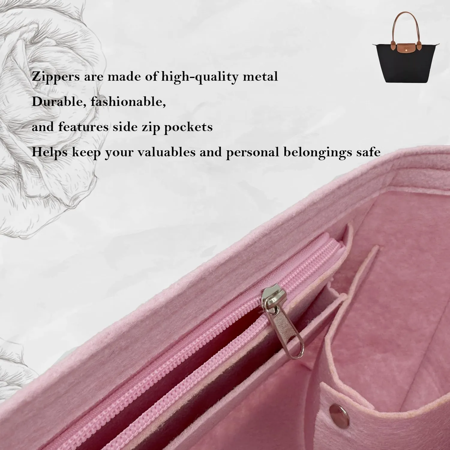 Purse Organizer Insert, Bag Organizer for Le Pliage, Handbags Organizer Insert (Pink, Small)