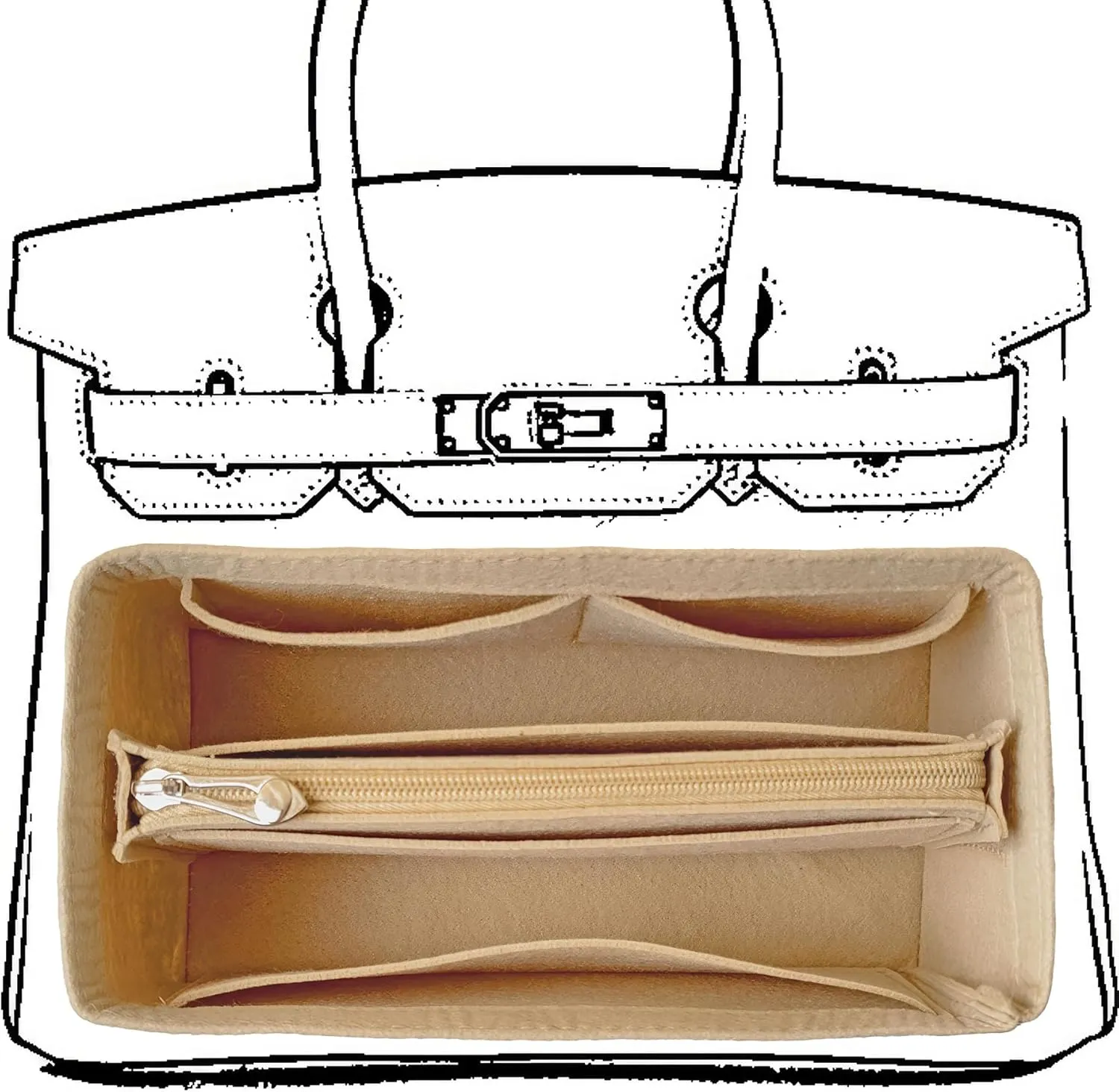 Purse Organizer Insert For Birkin 30 Bag, Felt Insert Organizer With Zipper, Large Capacity,Women’s Handbags Shaper (30,Beige)