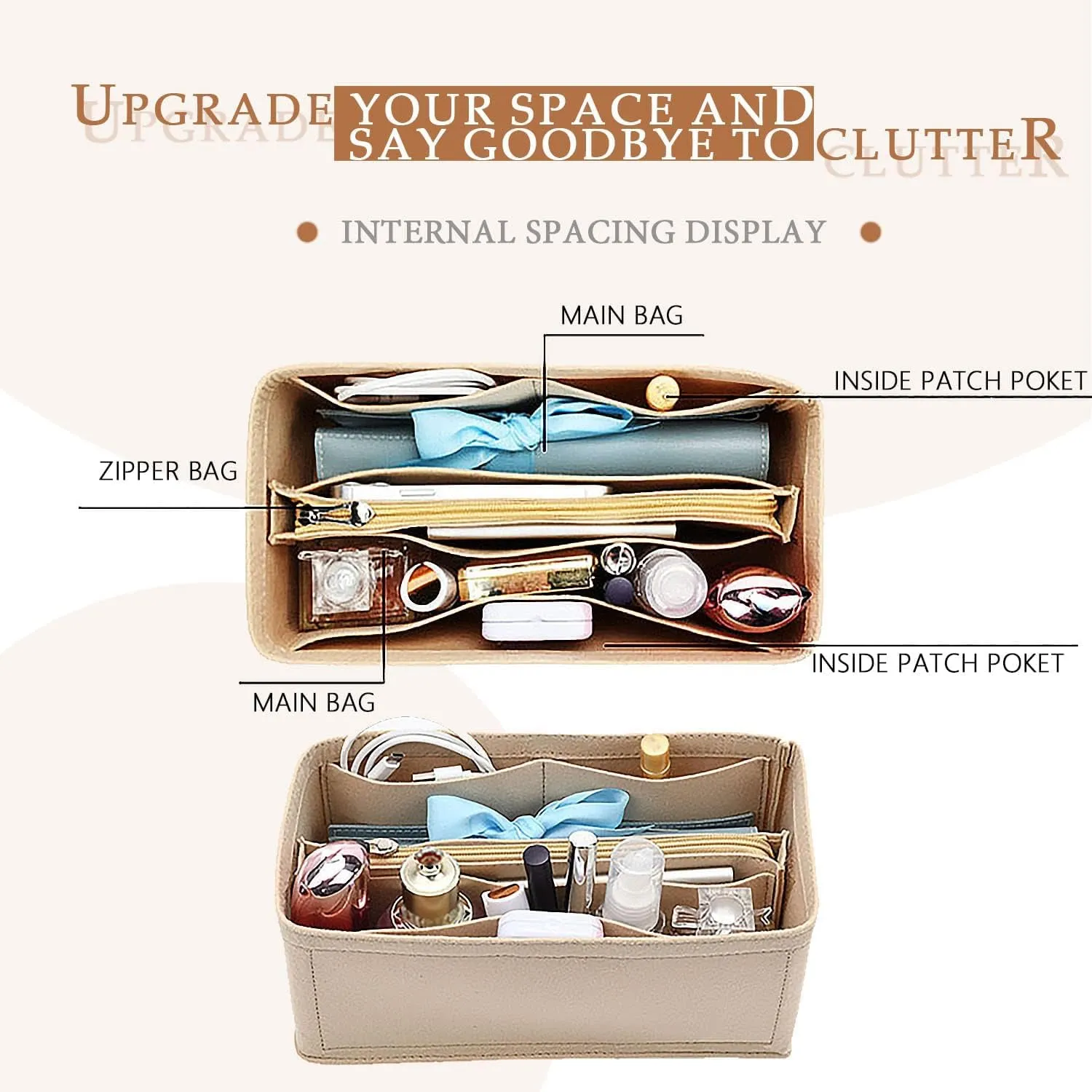 Purse Organizer Insert For Birkin 30 Bag, Felt Insert Organizer With Zipper, Large Capacity,Women’s Handbags Shaper (30,Beige)