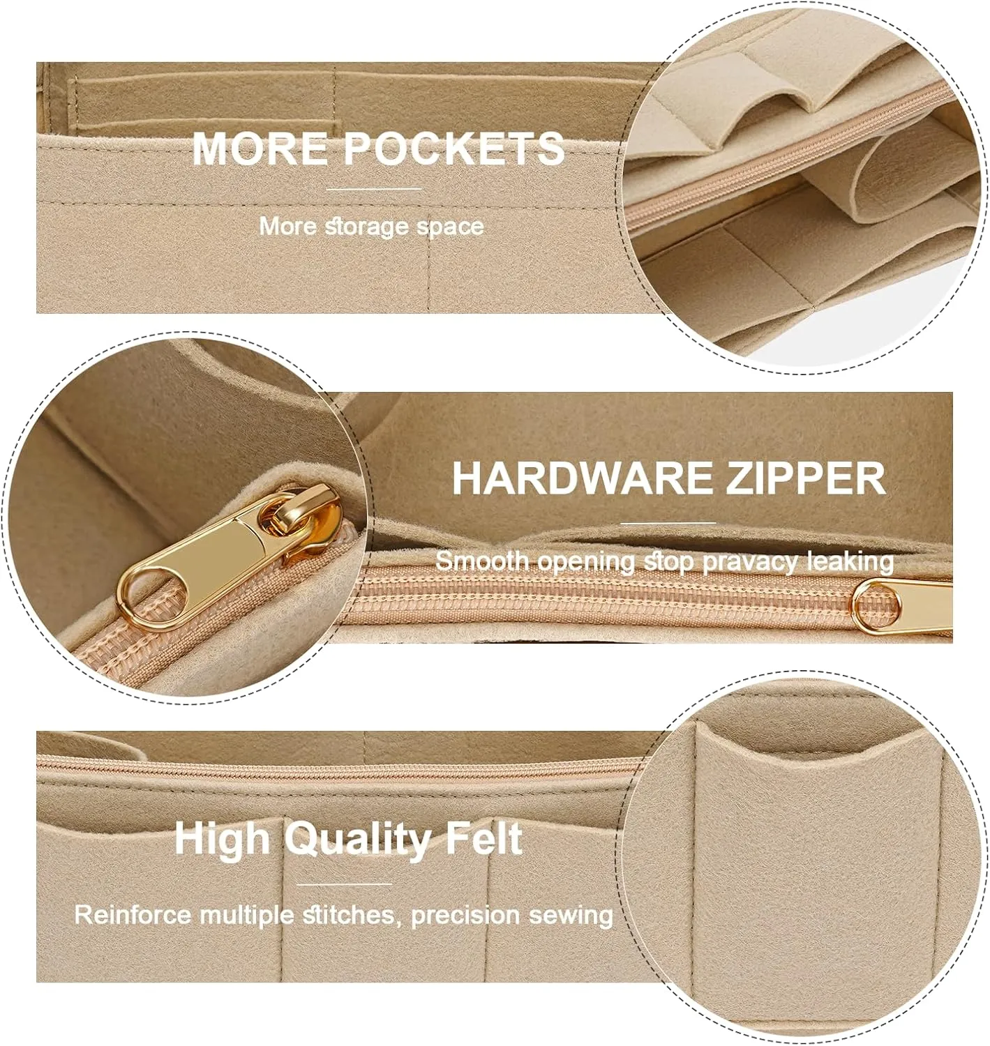 Purse Organizer Insert for Hermes Birkin 25 Bag Felt Zipper Organizer Insert (Beige,S)