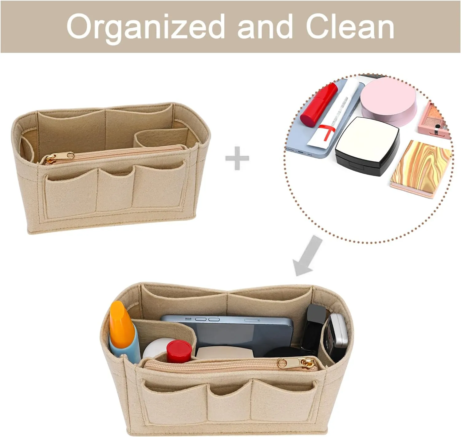 Purse Organizer Insert for Hermes Birkin 25 Bag Felt Zipper Organizer Insert (Beige,S)