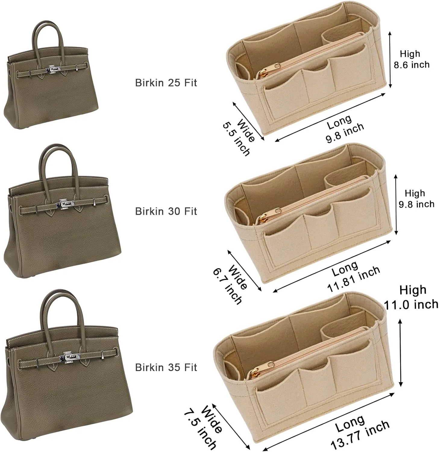 Purse Organizer Insert for Hermes Birkin 25 Bag Felt Zipper Organizer Insert (Beige,S)