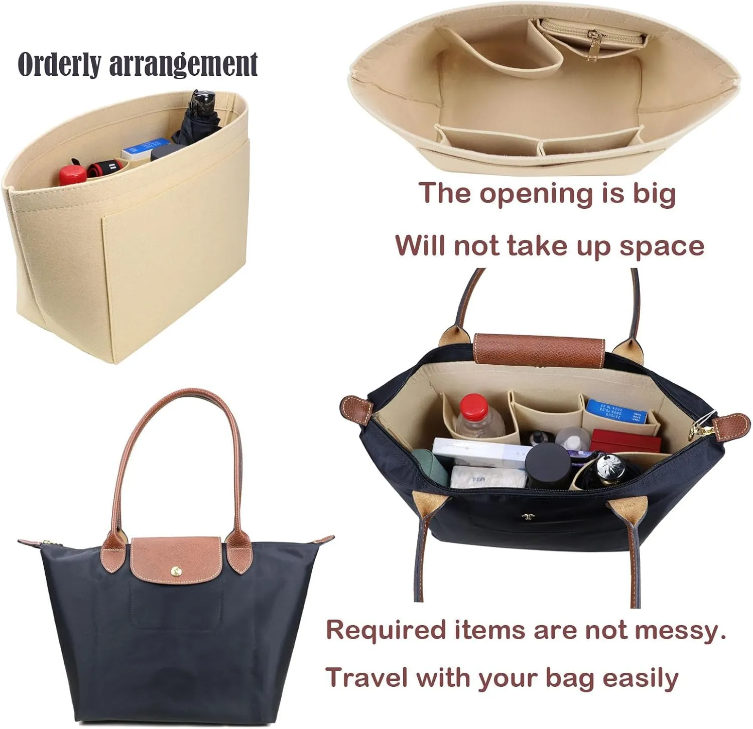 Purse Organizer Insert for le pliage Le Pliage Neo Handbags Insert Organizer1012beige-M