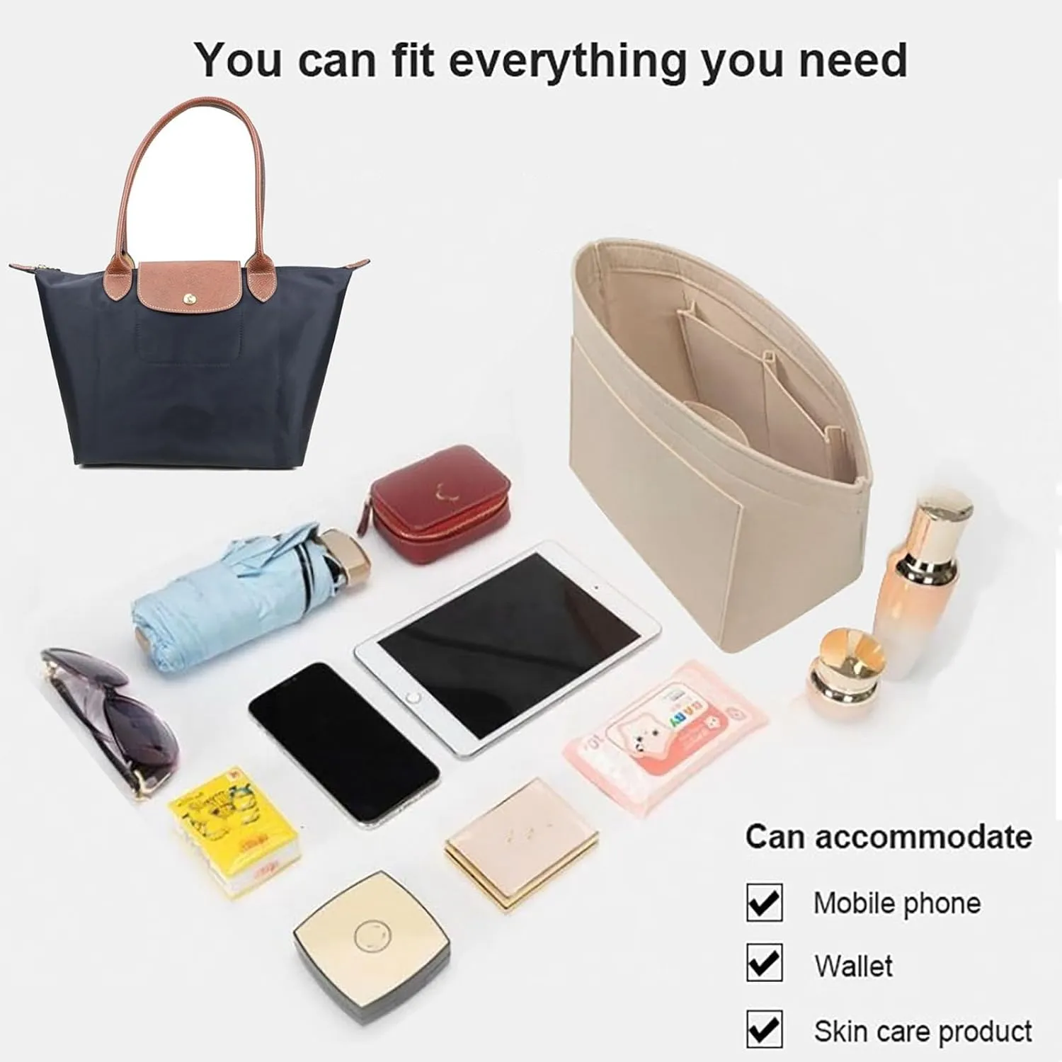 Purse Organizer Insert for le pliage Le Pliage Neo Handbags Insert Organizer1012beige-M