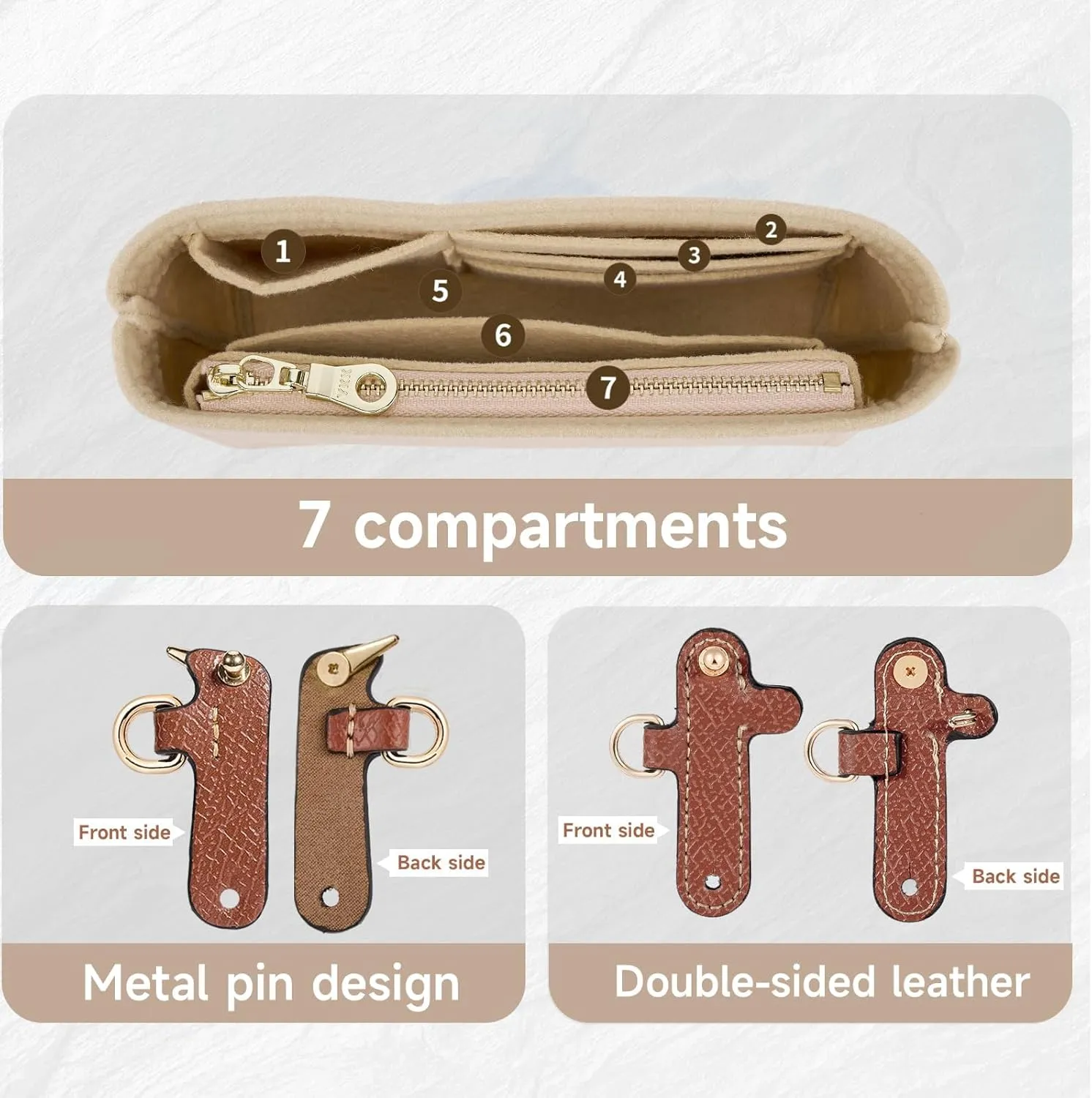Purse Straps Replacement with Multi-Pocket Felt Handbag Organizer Insert Compatible with Longchomp Mini Pouch Tote Bag (2-Packs)