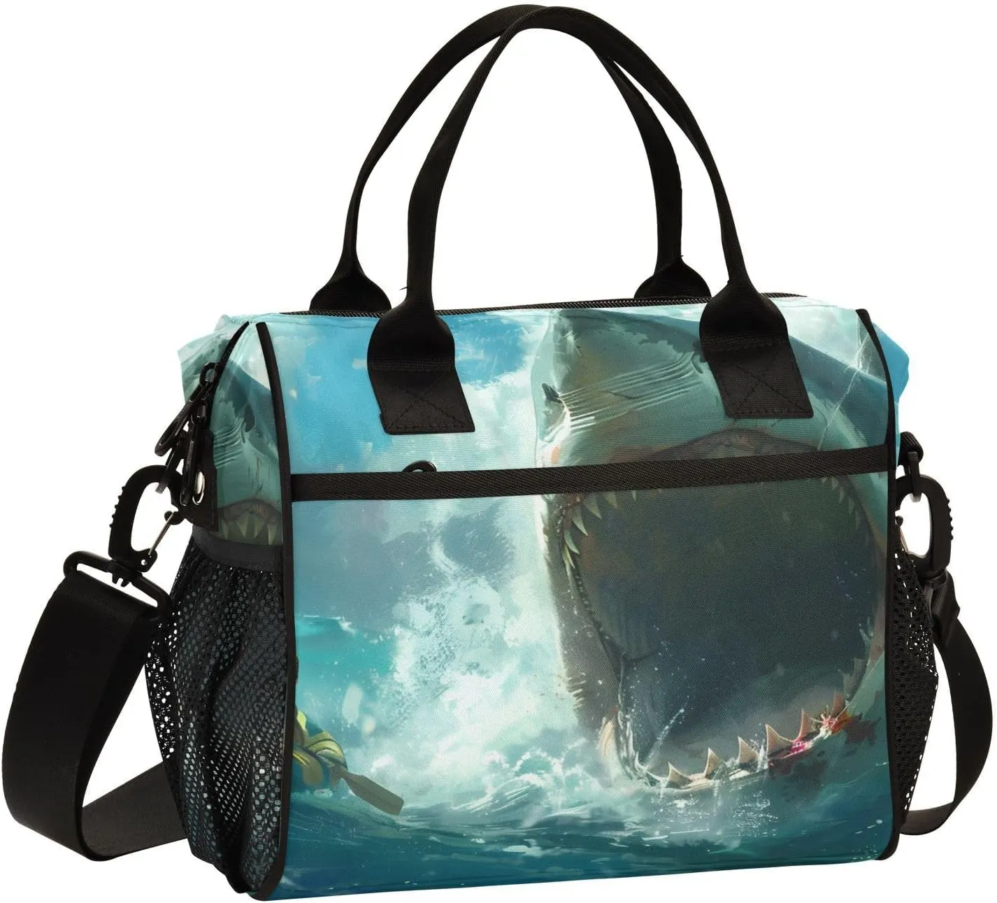 Raft Life with A Attacking Shark Biting The Raft Fearful Family Lunch Bag Women Cooler Bags Lunch Tote Bags for Men Reusable Insulated Lunch Box Crossbody with Shoulder Strap Leakproof Work Picnic S