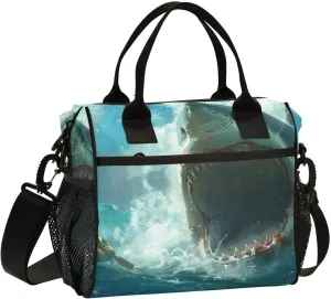 Raft Life with A Attacking Shark Biting The Raft Fearful Family Lunch Bag Women Cooler Bags Lunch Tote Bags for Men Reusable Insulated Lunch Box Crossbody with Shoulder Strap Leakproof Work Picnic S