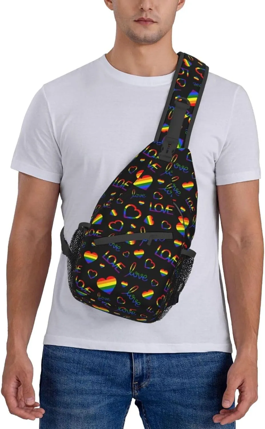 Rainbow Pride Flag LGBT Hearts Sling Bag for Women Men Crossbody Backpack Hiking Travel Daypack Shoulder Chest Bag with Adjustable Strap