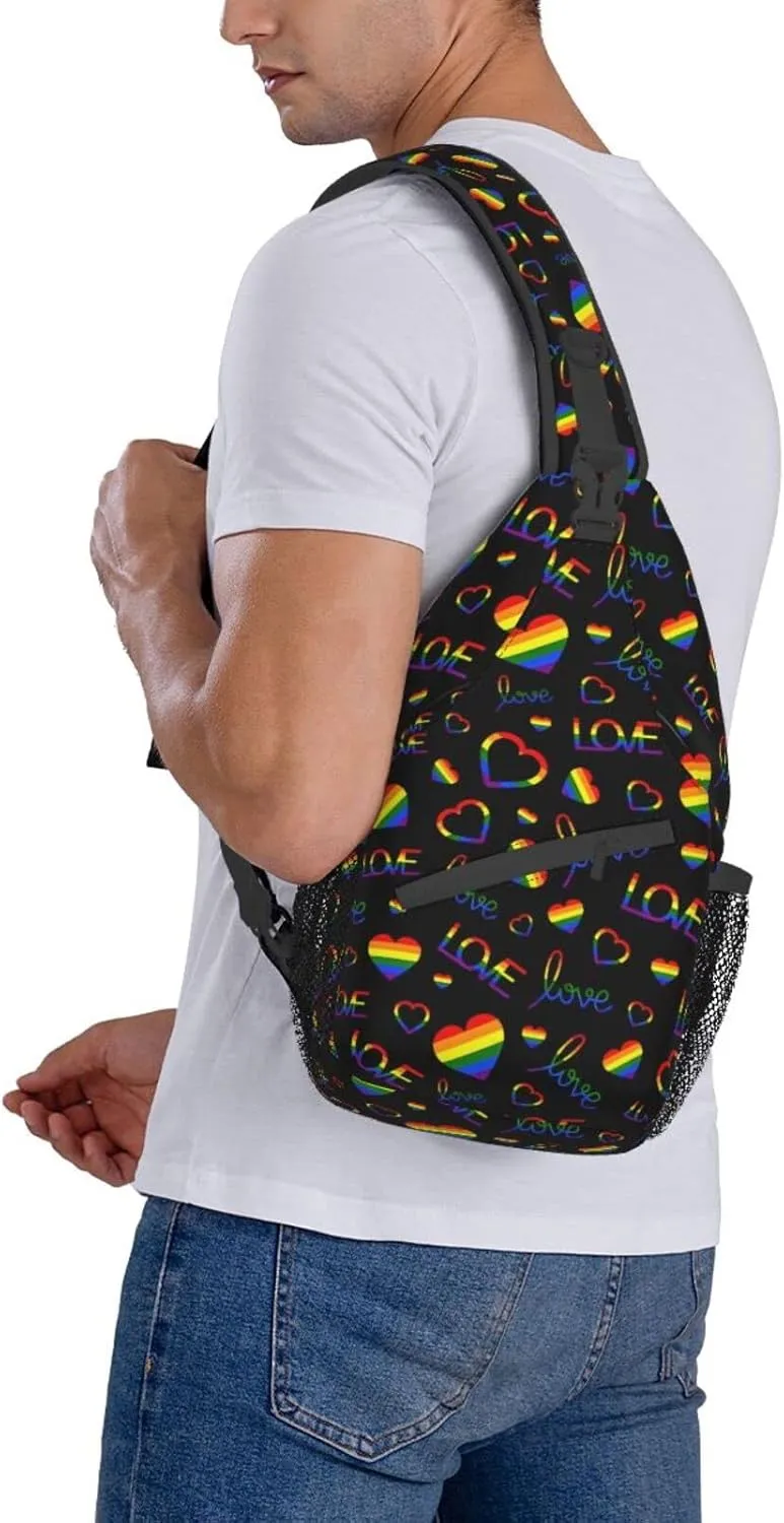 Rainbow Pride Flag LGBT Hearts Sling Bag for Women Men Crossbody Backpack Hiking Travel Daypack Shoulder Chest Bag with Adjustable Strap