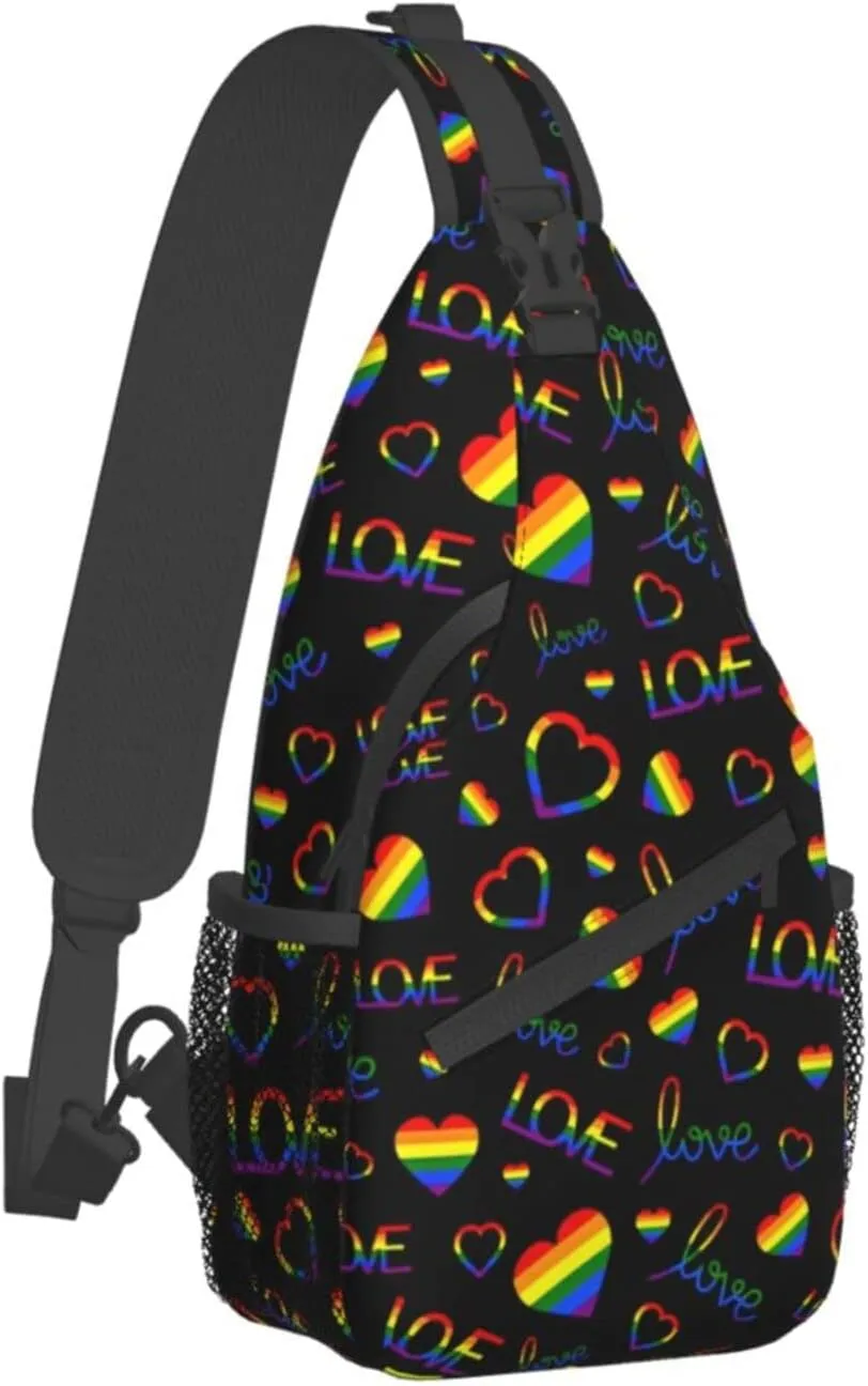 Rainbow Pride Flag LGBT Hearts Sling Bag for Women Men Crossbody Backpack Hiking Travel Daypack Shoulder Chest Bag with Adjustable Strap