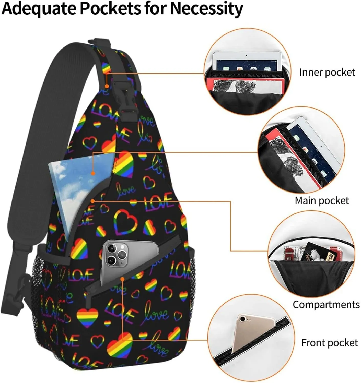 Rainbow Pride Flag LGBT Hearts Sling Bag for Women Men Crossbody Backpack Hiking Travel Daypack Shoulder Chest Bag with Adjustable Strap