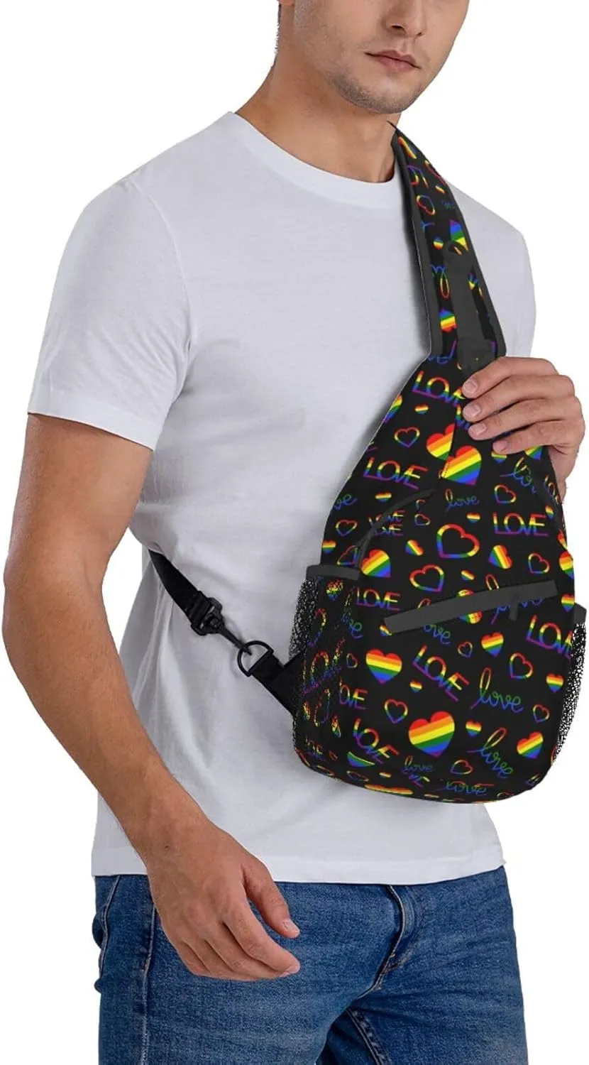 Rainbow Pride Flag LGBT Hearts Sling Bag for Women Men Crossbody Backpack Hiking Travel Daypack Shoulder Chest Bag with Adjustable Strap