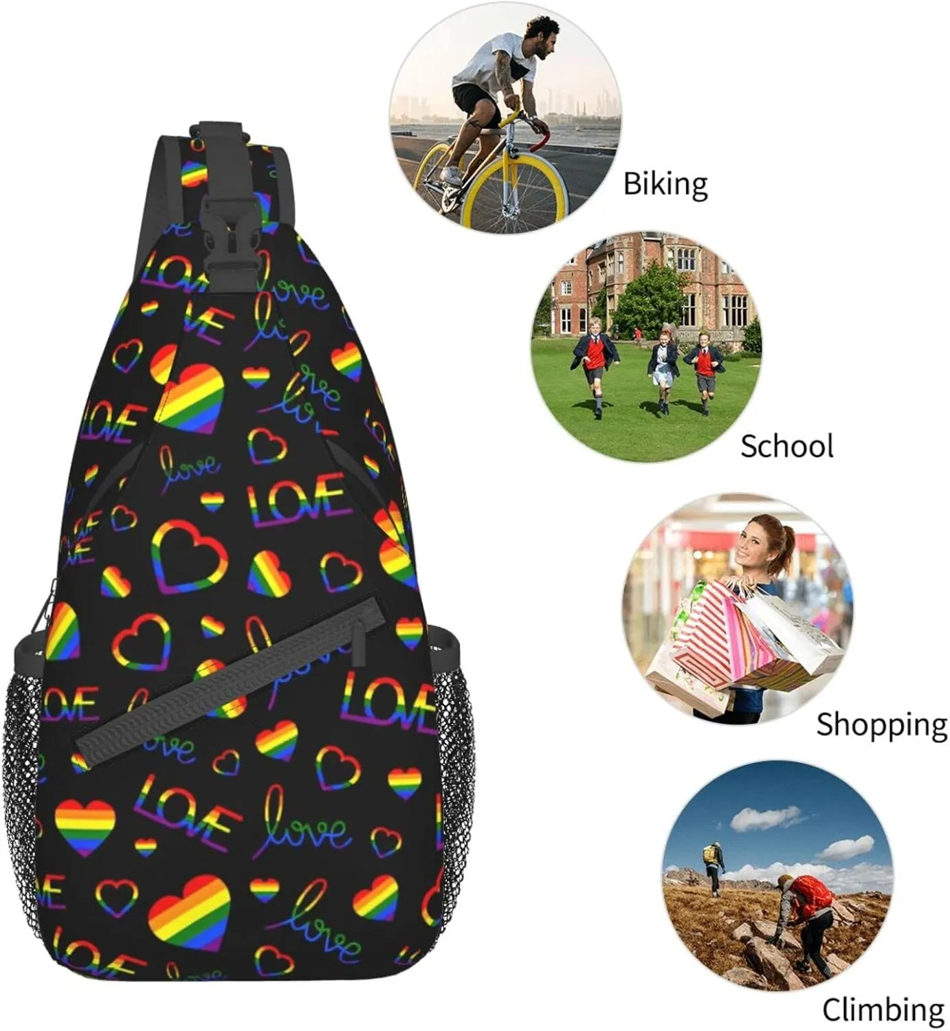 Rainbow Pride Flag LGBT Hearts Sling Bag for Women Men Crossbody Backpack Hiking Travel Daypack Shoulder Chest Bag with Adjustable Strap