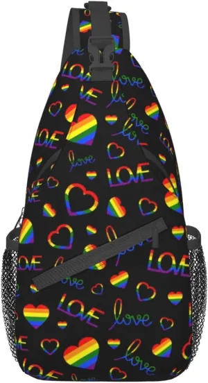 Rainbow Pride Flag LGBT Hearts Sling Bag for Women Men Crossbody Backpack Hiking Travel Daypack Shoulder Chest Bag with Adjustable Strap