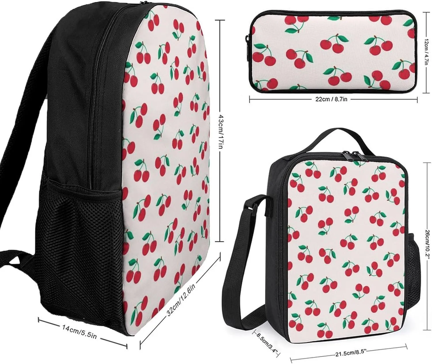 Red Cherry Shoulder Backpack Diagonal Lunch Bag Pencil Case Set