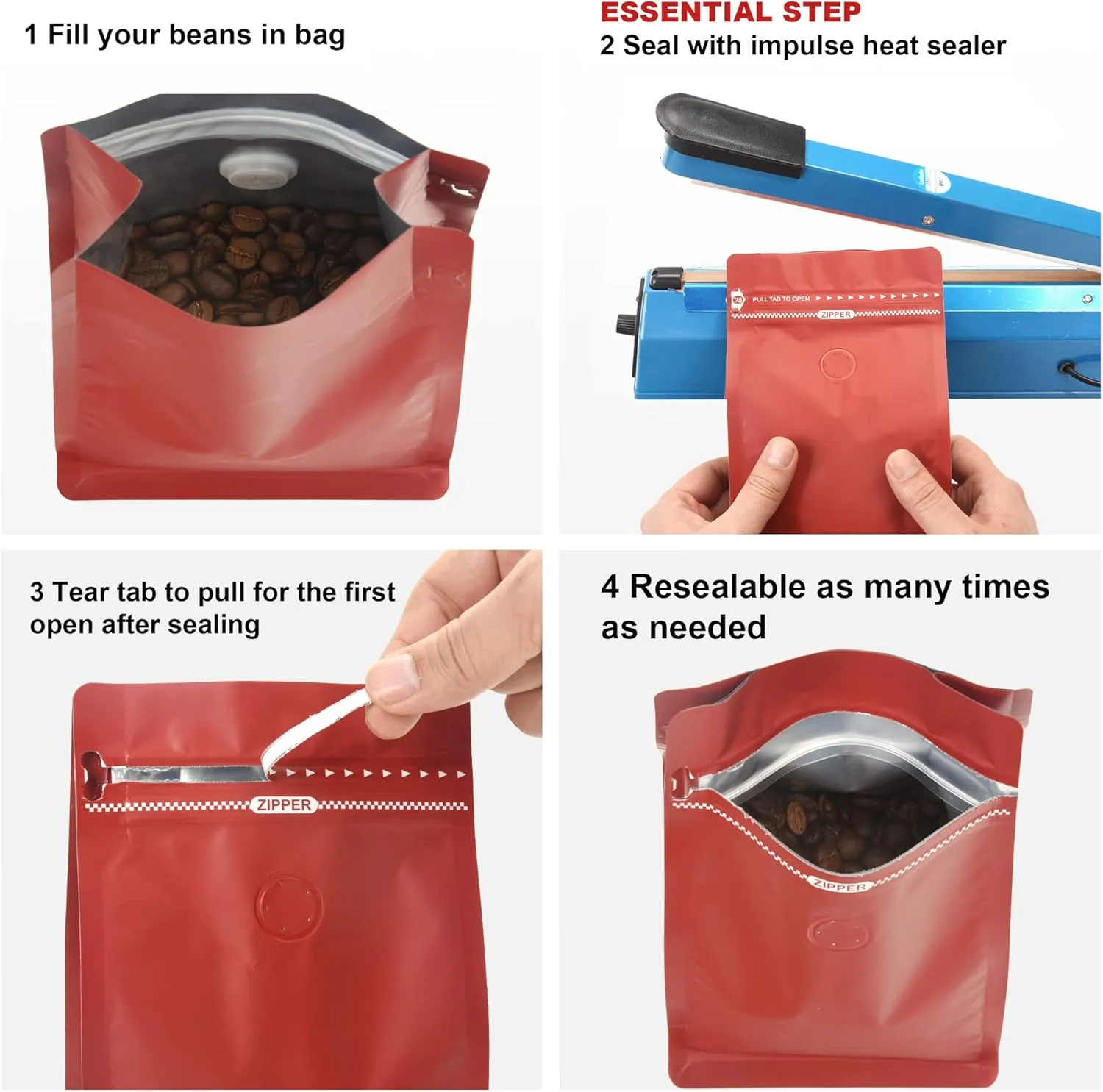 Red Color Coffee Bags with Valve, High Barrier Foil Coffee Package Pouches with Air Release Valve, Flat Bottom & Resealable Pull Tab Zipper, Matt Red (50, 12oz/0.75lb/340gm)