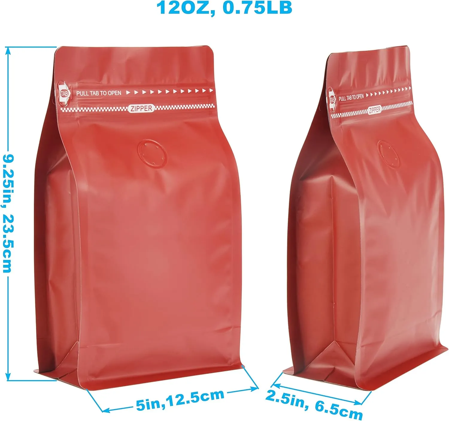 Red Color Coffee Bags with Valve, High Barrier Foil Coffee Package Pouches with Air Release Valve, Flat Bottom & Resealable Pull Tab Zipper, Matt Red (50, 12oz/0.75lb/340gm)