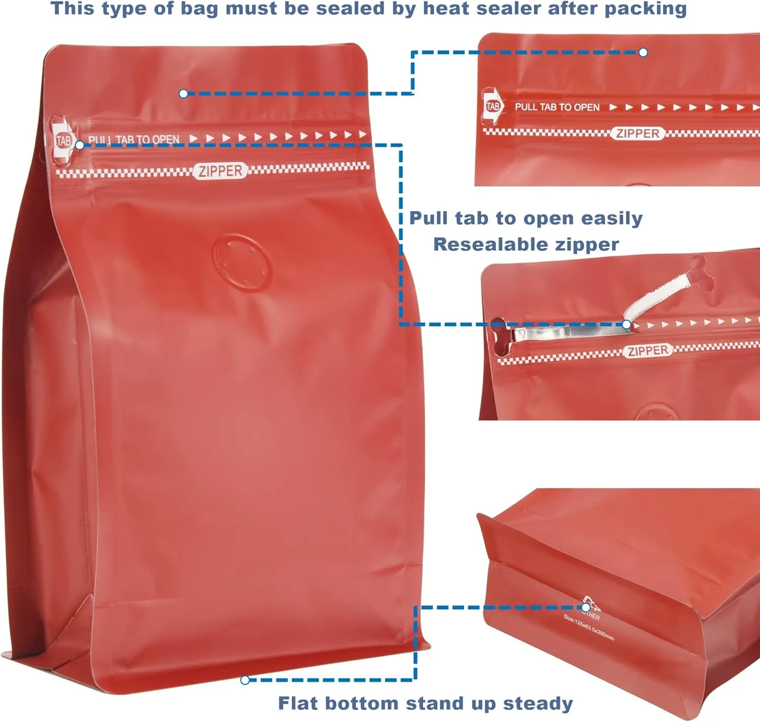 Red Color Coffee Bags with Valve, High Barrier Foil Coffee Package Pouches with Air Release Valve, Flat Bottom & Resealable Pull Tab Zipper, Matt Red (50, 12oz/0.75lb/340gm)