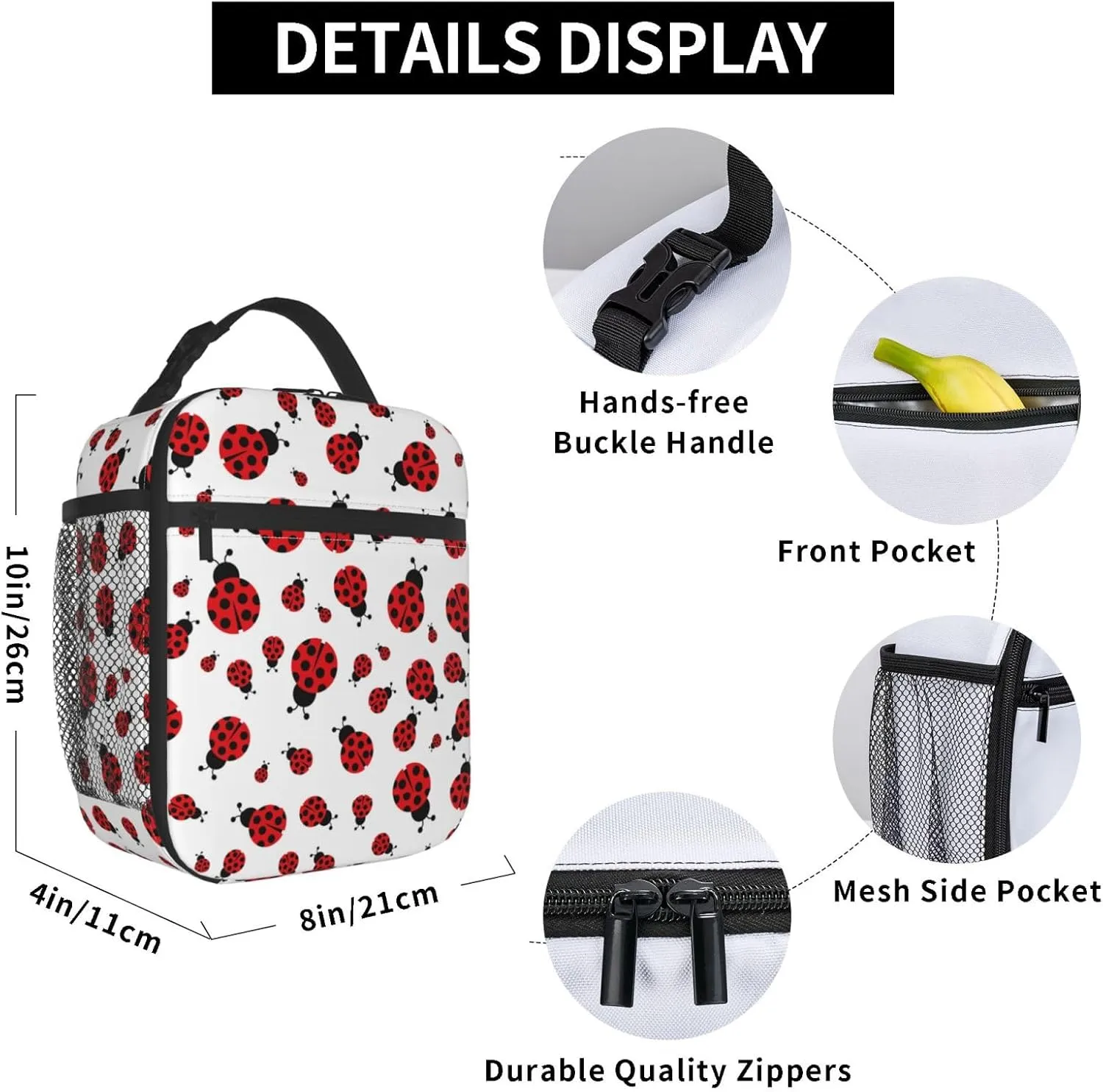 Red Ladybug Ladybugs Insulated Lunch Bag Portable Reusable Zipper Lunch Box For Men Women Work Picnic Travel Camping