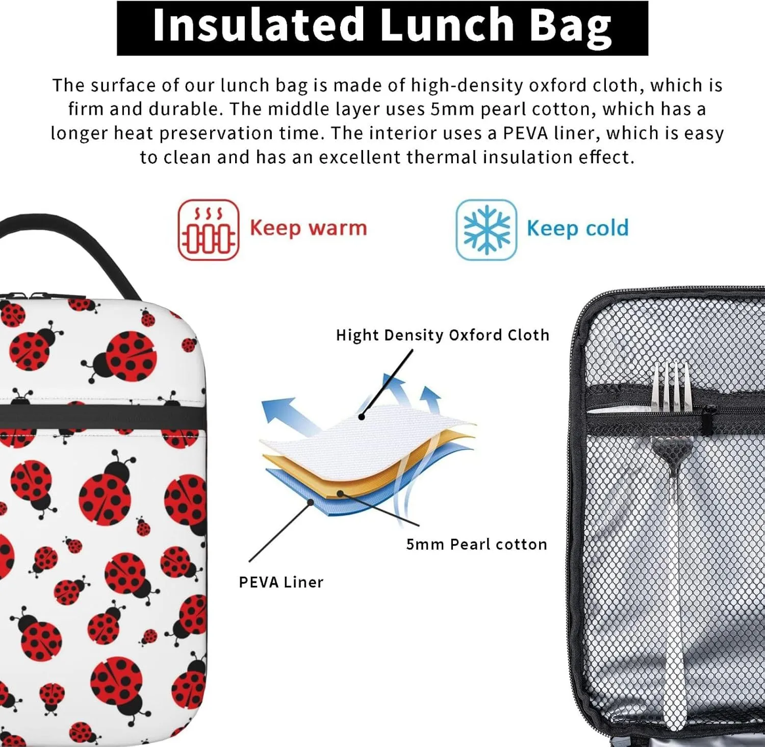 Red Ladybug Ladybugs Insulated Lunch Bag Portable Reusable Zipper Lunch Box For Men Women Work Picnic Travel Camping