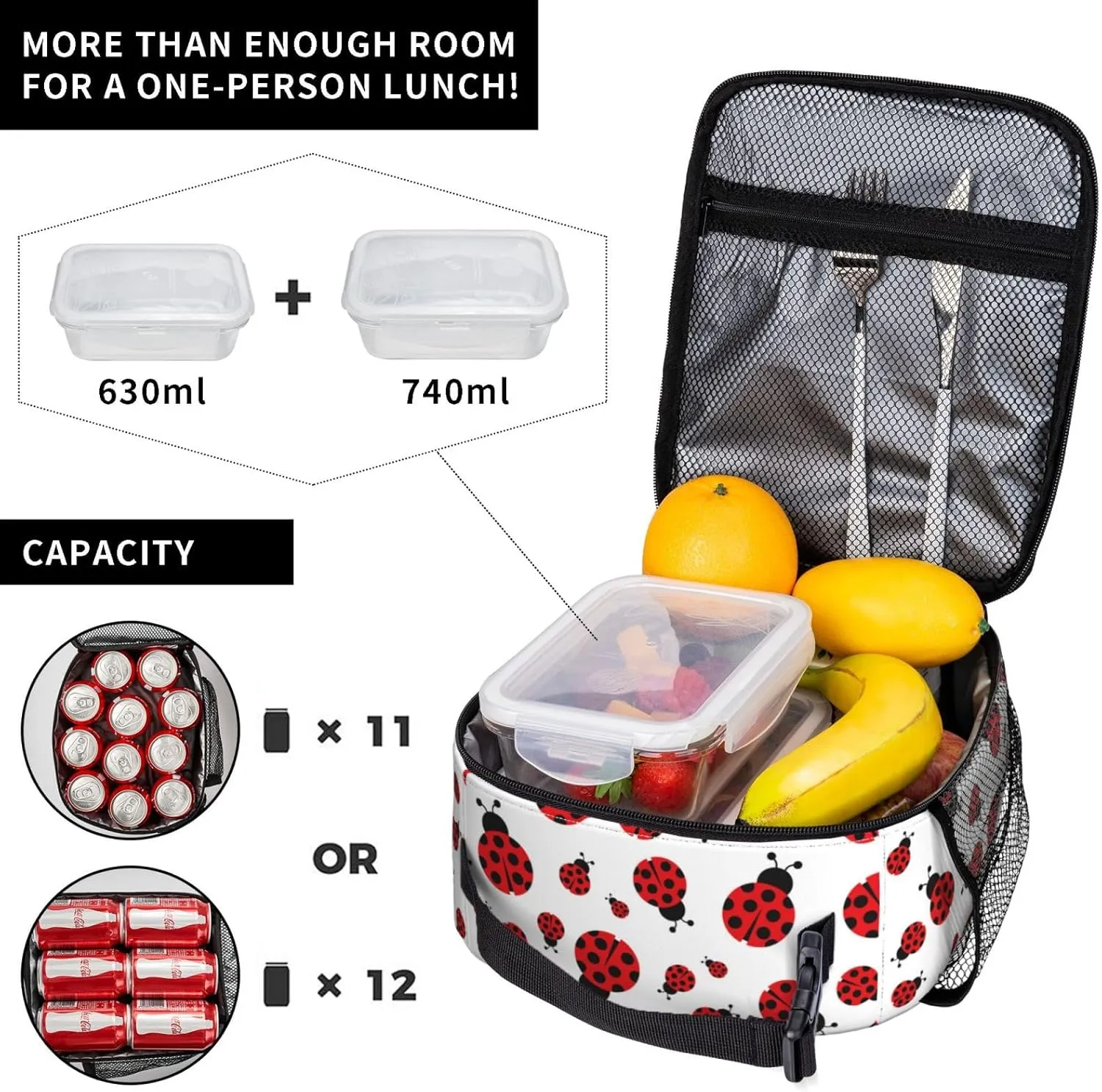 Red Ladybug Ladybugs Insulated Lunch Bag Portable Reusable Zipper Lunch Box For Men Women Work Picnic Travel Camping