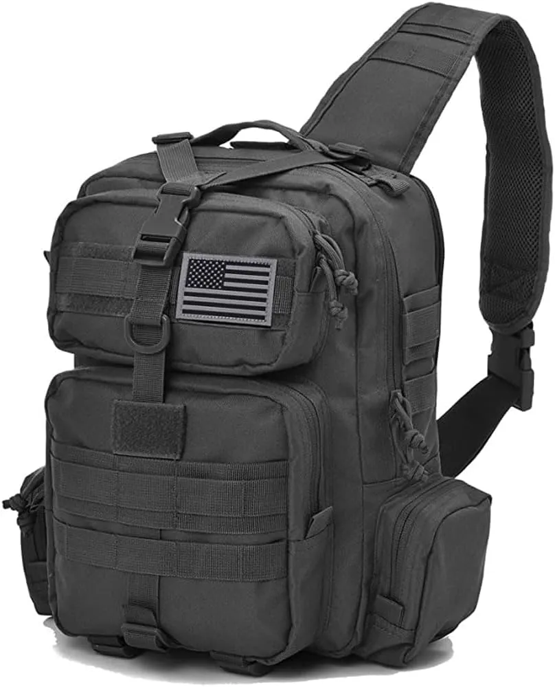 REEBOW GEAR Tactical Sling Bag Military Style Single Shoulder Sling Pack with USA Tactical Flag Patch (Black)