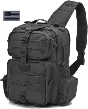REEBOW GEAR Tactical Sling Bag Military Style Single Shoulder Sling Pack with USA Tactical Flag Patch (Black)