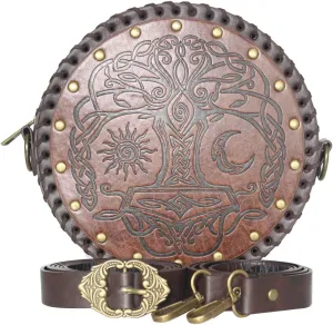 Renaissance Bag for Women,Viking Embossed Purse Medieval Waist Bag Faux Leather Belt Bag,Ren Faire Accessories for Travel、Festival、Faire and Cosplay,Brown