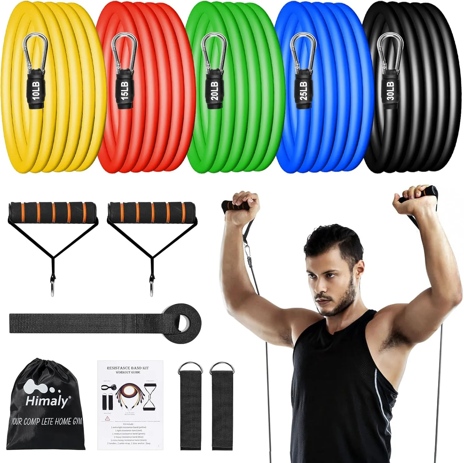 Resistance Bands Set, Workout Bands with Handles, Door Anchor, Ankle Straps and Carry Bag, Exercise Bands for Shape Body and Home Workouts