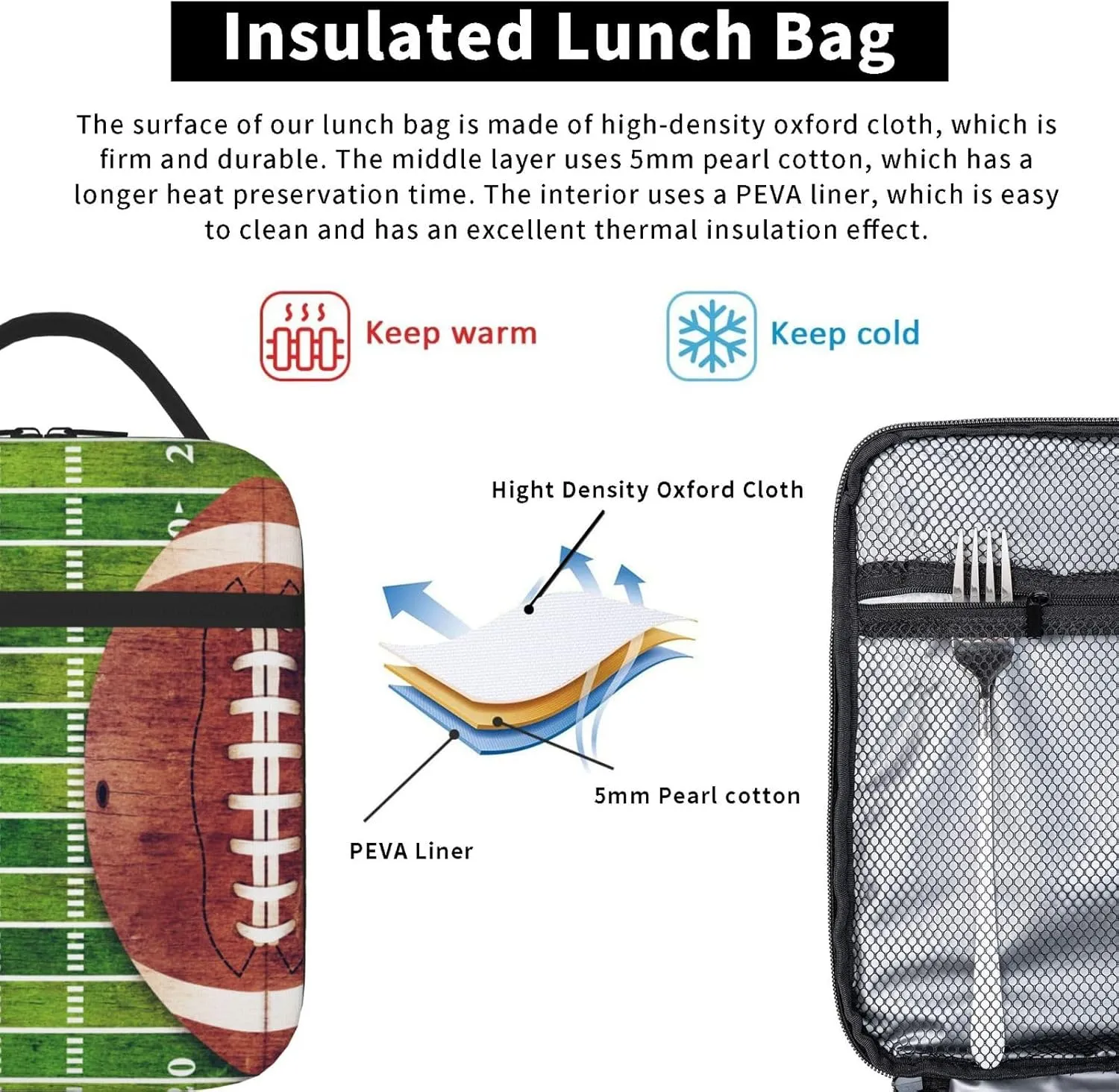 Retro American Football Field Lunch Bag Insulated Reusable Lunch Box Lunch Tote Lunchbox Portable Bento Bags For Men Women Office Work Travel Picnic Camping