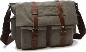 Retro military men's canvas crossbody bag, leather canvas laptop bag, messenger bag