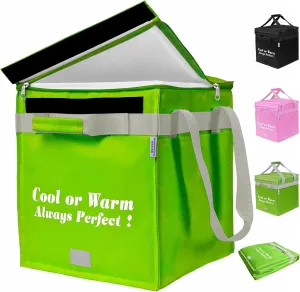 Reusable Insulated Grocery Bag, Shopping Bags for Groceries Insulated Cooler Bag with Zippered Top for Frozen Food and Hot Food, Foldable, Heavy Duty, Stands Upright - Neon Green