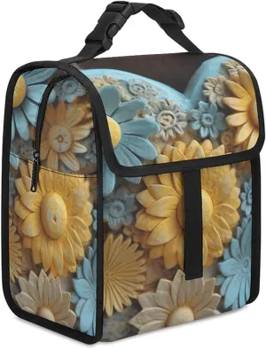 Reusable Lunch Bag for Women Lunch Tote Bags Insulated Lunch Box for Men Lunchbox Wood Carving Style Flowers Lunch Cooler Bag Leakproof Lunch Container for Work Picnic Travel