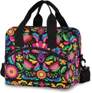 Reusable Lunch Bag Mexican Floral Insulated Lunch Box Cooler Tote Removable Shoulder Strap Meal Picnic Bags for Outdoor Travel Office Work