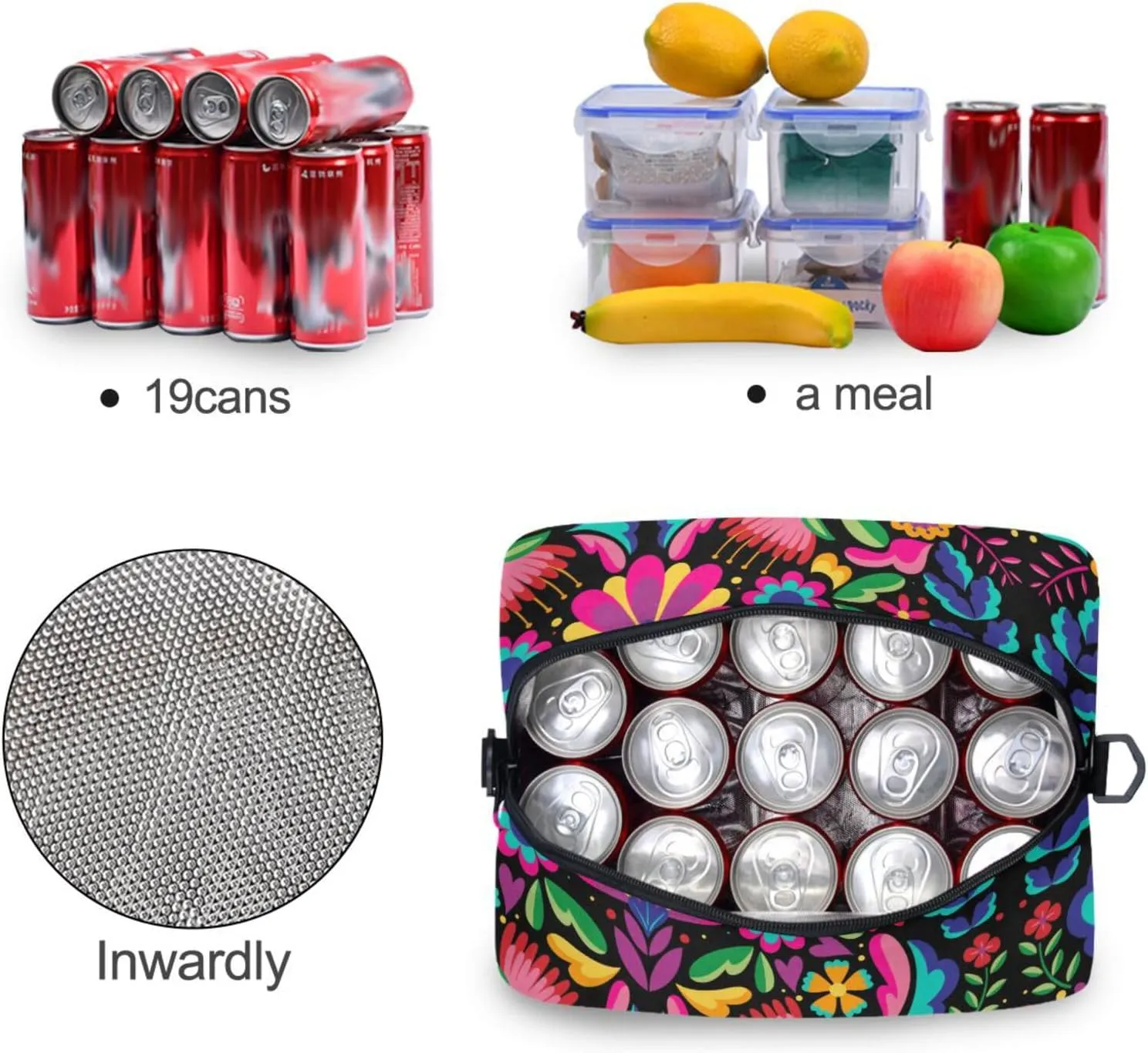 Reusable Lunch Bag Mexican Floral Insulated Lunch Box Cooler Tote Removable Shoulder Strap Meal Picnic Bags for Outdoor Travel Office Work