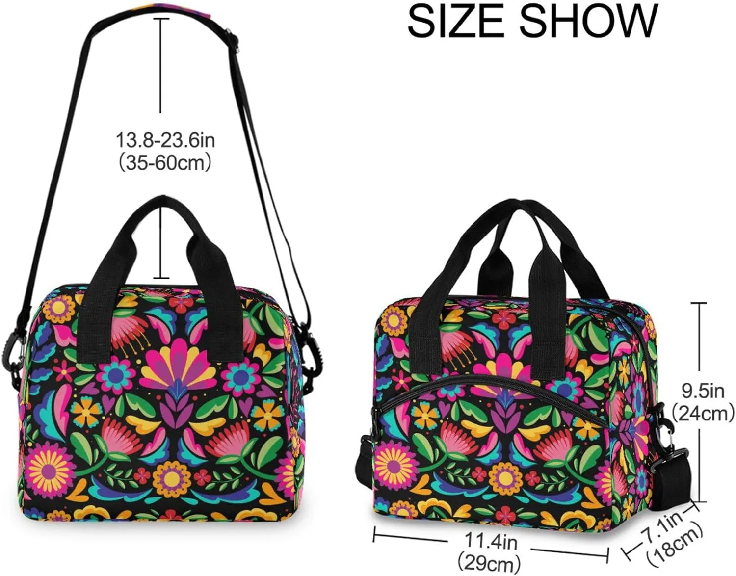 Reusable Lunch Bag Mexican Floral Insulated Lunch Box Cooler Tote Removable Shoulder Strap Meal Picnic Bags for Outdoor Travel Office Work