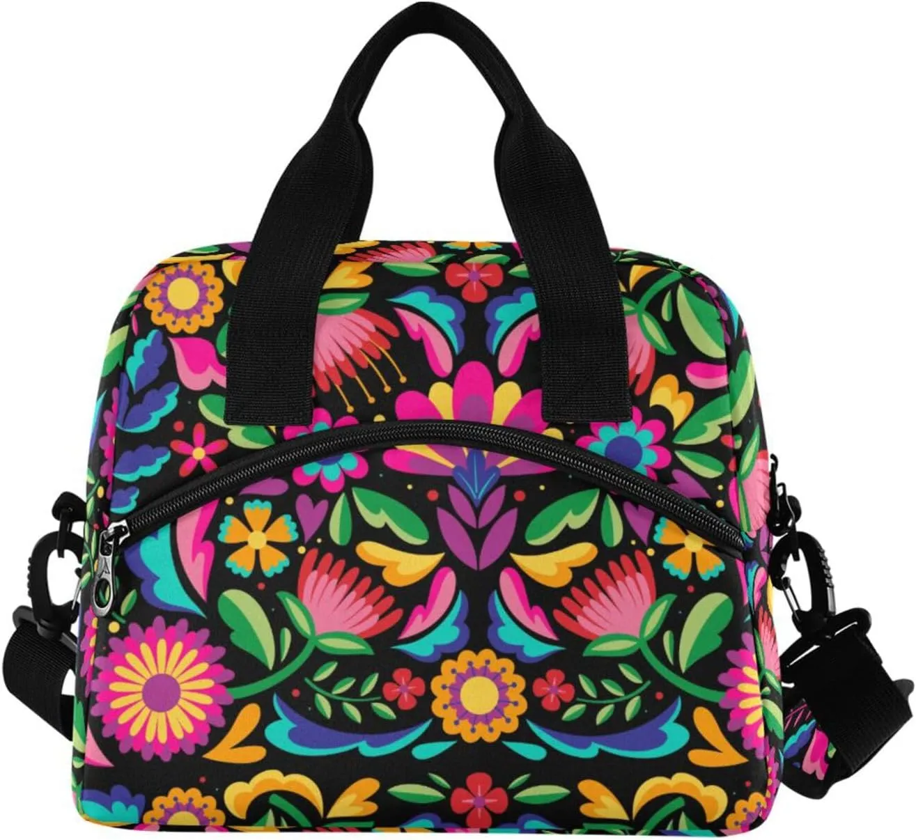 Reusable Lunch Bag Mexican Floral Insulated Lunch Box Cooler Tote Removable Shoulder Strap Meal Picnic Bags for Outdoor Travel Office Work