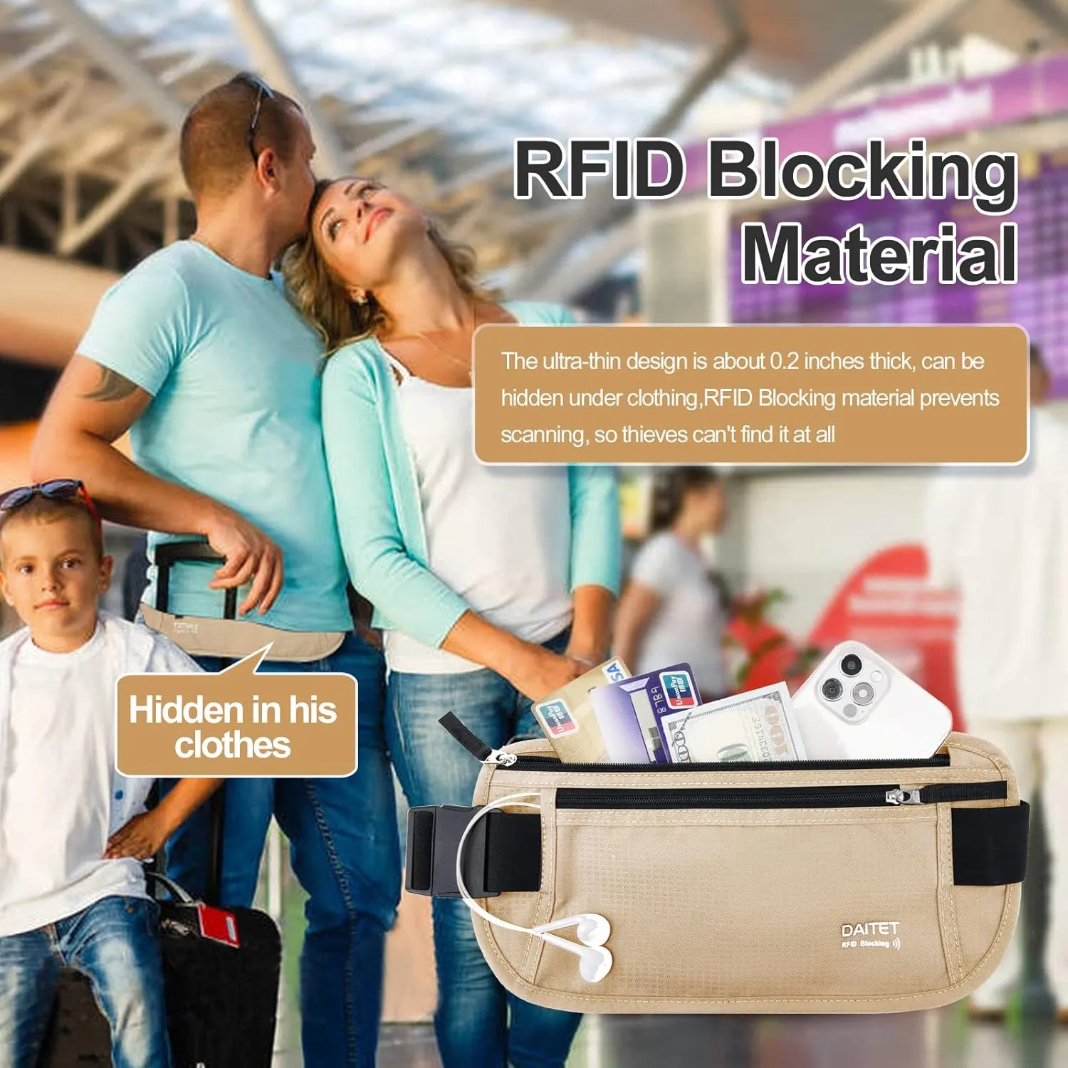 RFID Blocking Money Belt for Men Women, Slim Fanny Pack For Travel，Running,Conceal Waist Wallet For Passport Holder,Phone,Cash(Black Beige), Black Beige
