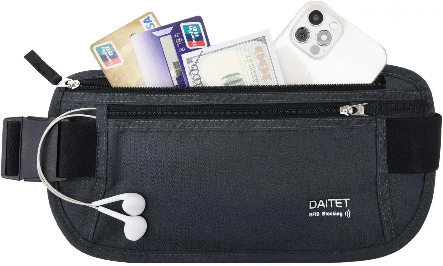 RFID Blocking Money Belt for Men Women, Slim Fanny Pack for Travel，Running,Conceal Waist Wallet for Passport Holder,Phone,Cash(Black Dark Grey)
