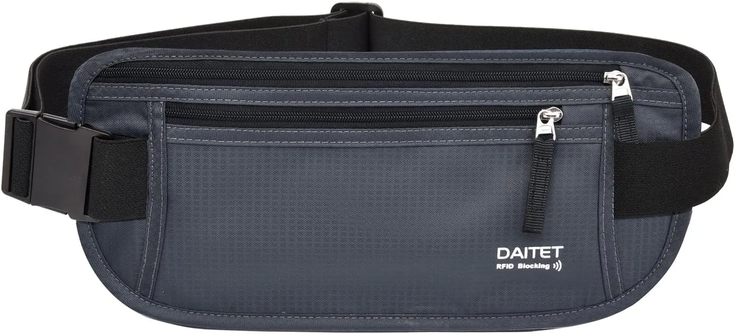 RFID Blocking Money Belt for Men Women, Slim Fanny Pack for Travel，Running,Conceal Waist Wallet for Passport Holder,Phone,Cash(Black Dark Grey)