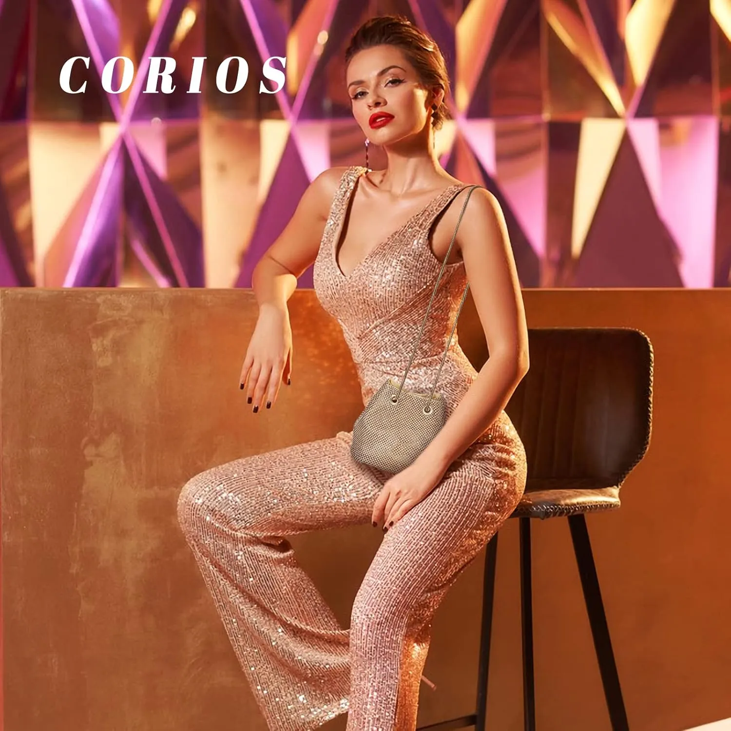 Rhinestone Evening Bag for Women Crystal Bucket Purse Sparkly Clutch Glitter Handbag Bling Wedding Shoulder Bag