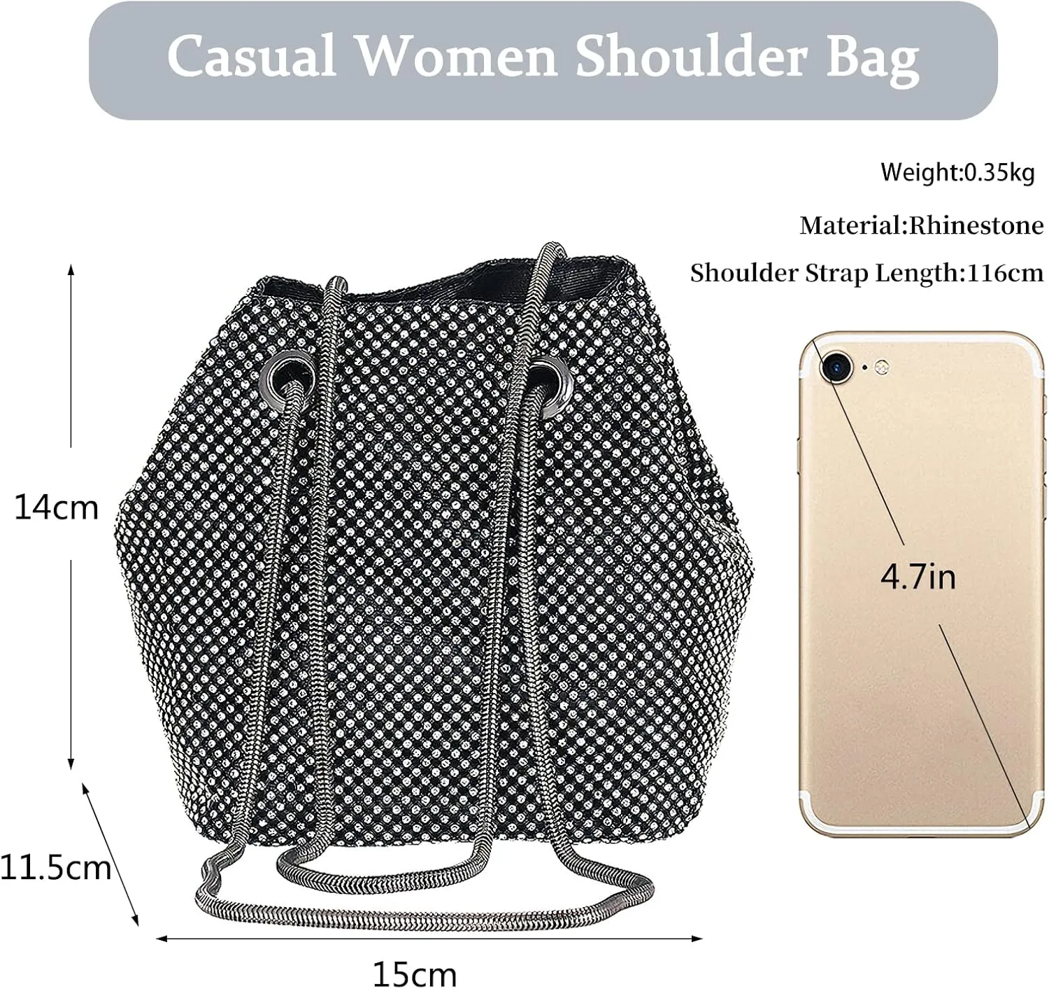 Rhinestone Evening Bag for Women Crystal Bucket Purse Sparkly Clutch Glitter Handbag Bling Wedding Shoulder Bag