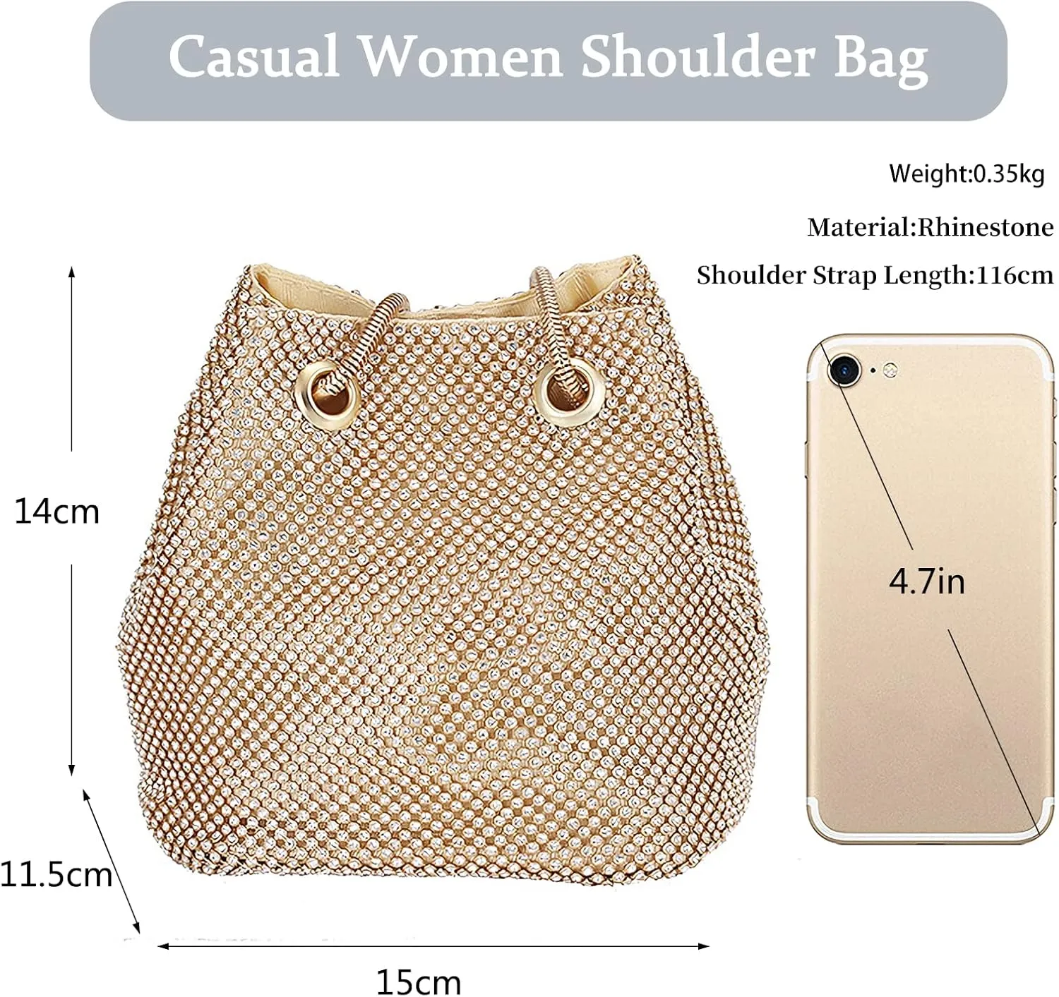 Rhinestone Evening Bag for Women Crystal Bucket Purse Sparkly Clutch Glitter Handbag Bling Wedding Shoulder Bag