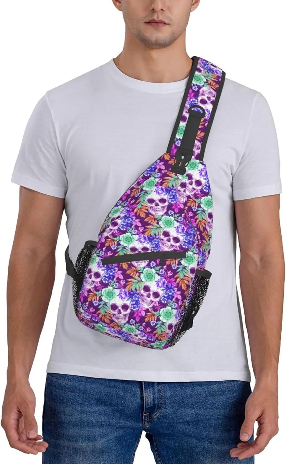 RIMENCH Men Women tropical floral flowers purple suagr skulls Sling Bag Fashion Crossbody Shoulder Bag Multipurpose Sling Bags Shoulder Backpack With Adjustable Strap