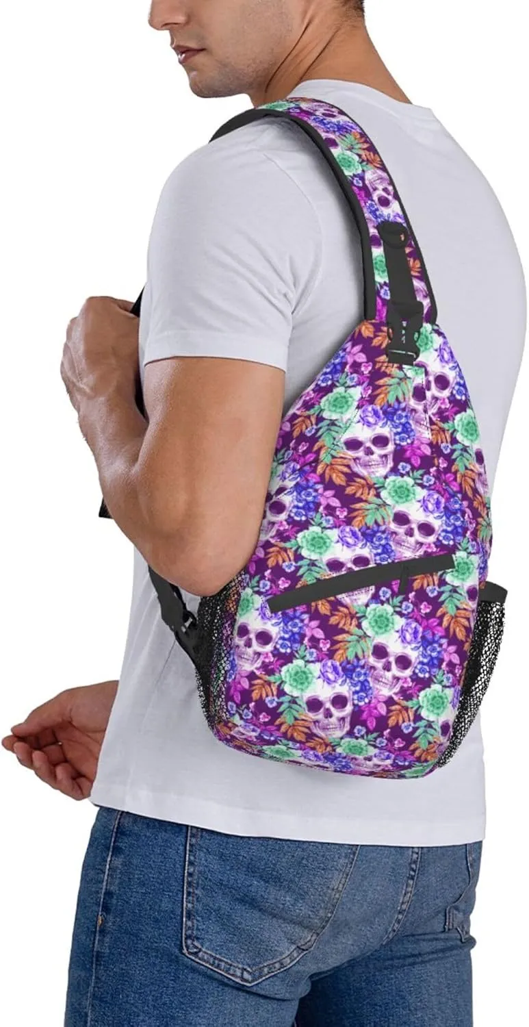 RIMENCH Men Women tropical floral flowers purple suagr skulls Sling Bag Fashion Crossbody Shoulder Bag Multipurpose Sling Bags Shoulder Backpack With Adjustable Strap